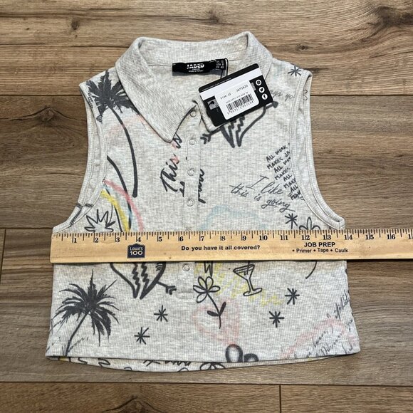Jaded London Doodle Graffiti Rib Halter Top SZ 8 Gray Crop Collared Stretch Tank - Picture 4 of 7